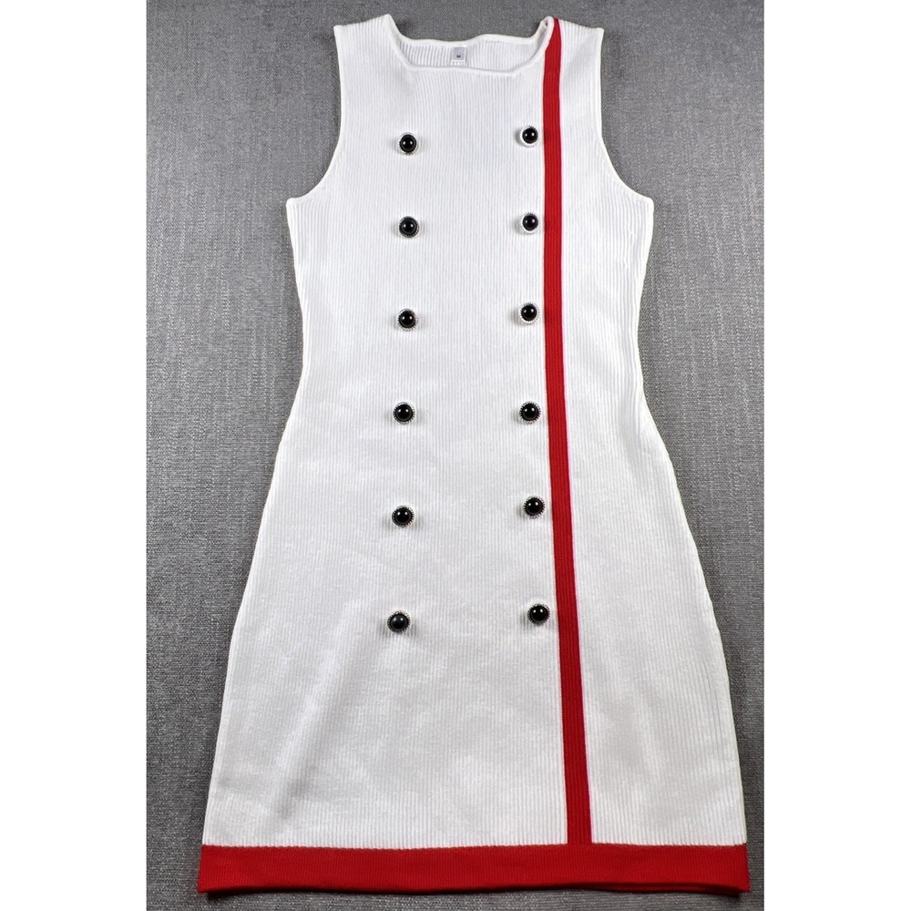Oyrosy Sleeveless Ribbed Sweater Dress Womens Med White Red Stripe Black Buttons